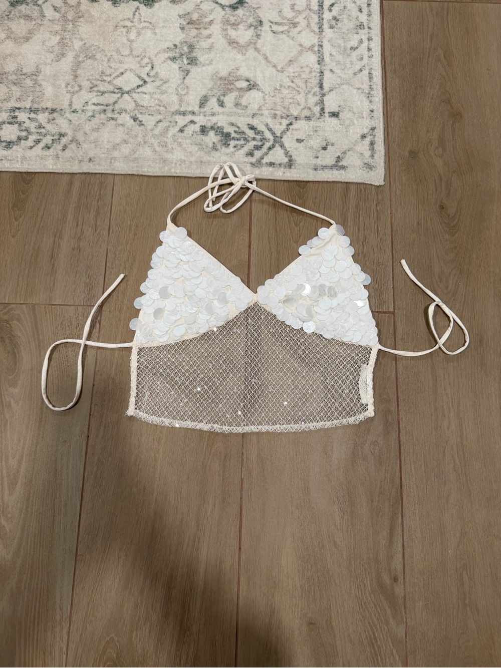 White Sequin & Sheer Mesh Halter Top 🤍✨